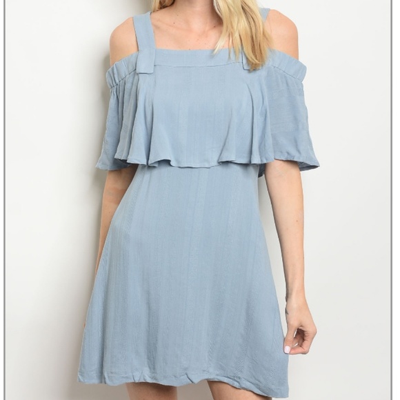 Lush Dresses & Skirts - 1 LEFT SZ S!  Denim Blue Cold Shoulder Linen Dress